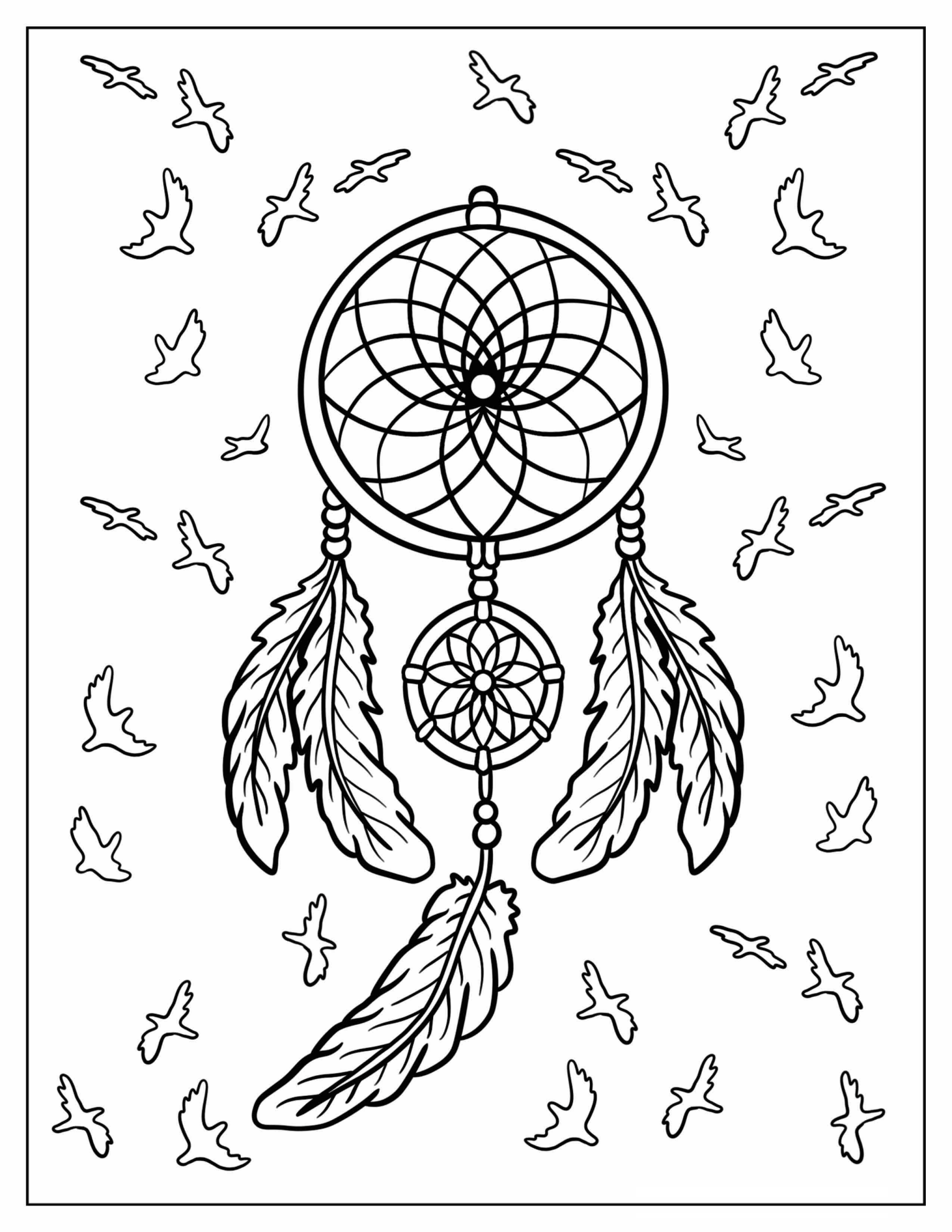 Beautiful Dreamcatcher With Birds In The Background Coloring Sheet