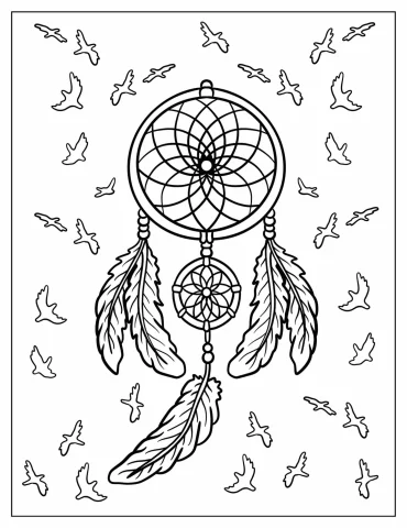 Beautiful Dreamcatcher With Birds In The Background Coloring Sheet