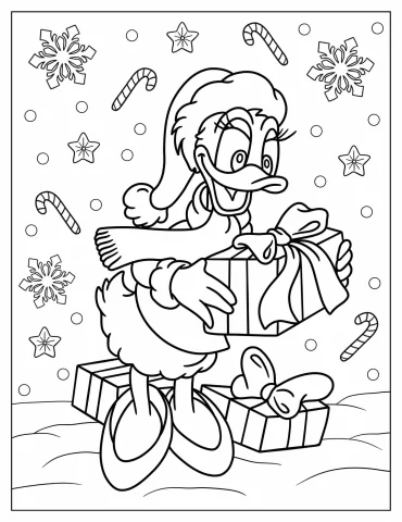 Coloring Sheet Of Daisy Duck With Christmas Present