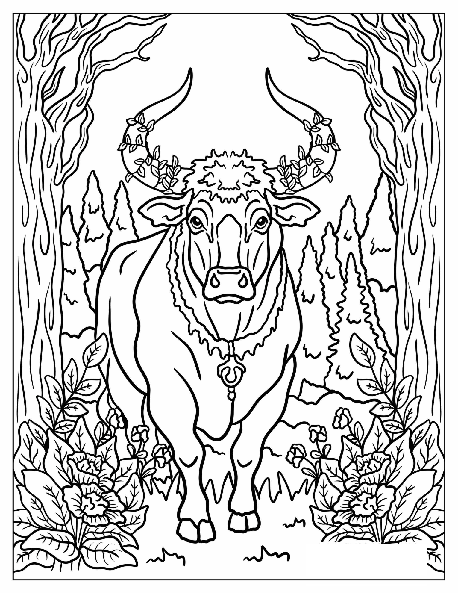 Beautiful Bull with Vines around Its Horns Coloring Page