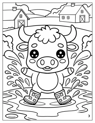Young Bull with Rainboots Playing in a Puddle Coloring Sheet for Preschoolers