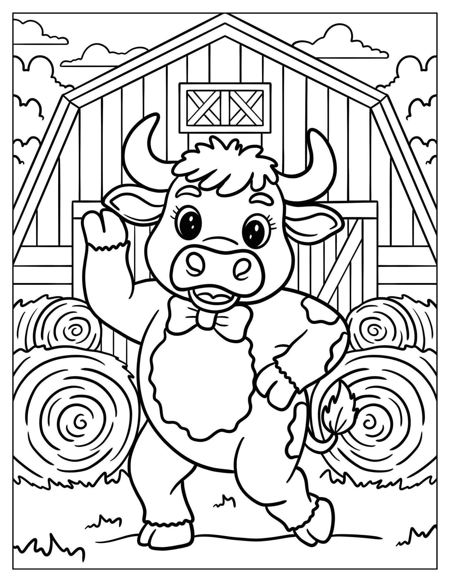 Dancing Bull Surrounded by Hay Bales Outside Barn Coloring Page for Kids
