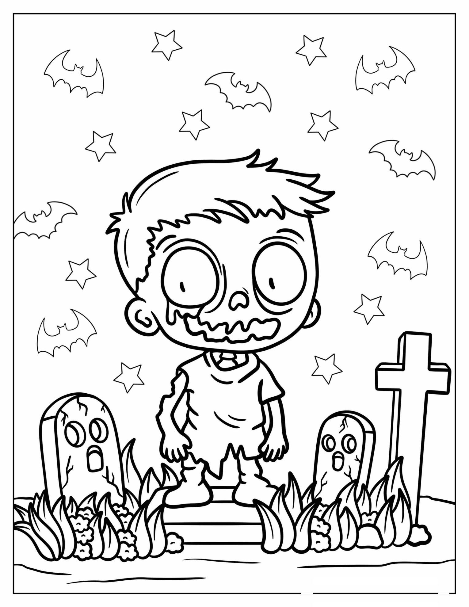 Kawaii Zombie Boy In The Graveyard Coloring Sheet For Kids