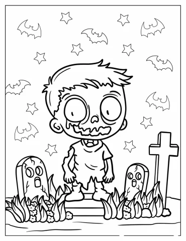 Kawaii Zombie Boy In The Graveyard Coloring Sheet For Kids