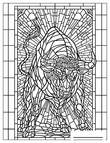 Intricate Bull Stained Glass Coloring Page for Adults