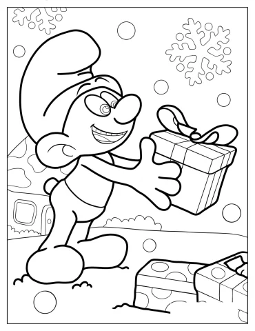 Coloring Page Of Jokey Smurf With Christmas Present