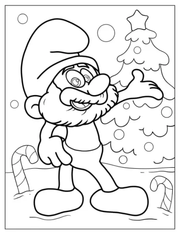 Santa Smurf Beside Christmas Tree Coloring In
