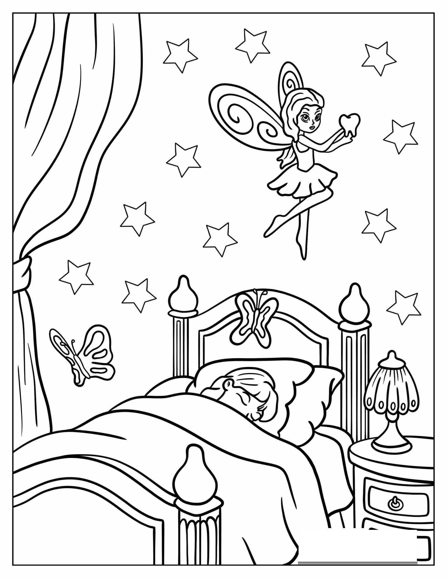 Tooth Fairy Collecting A Sleeping Girl s Tooth Coloring Sheet