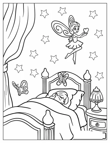 Tooth Fairy Collecting A Sleeping Girl s Tooth Coloring Sheet