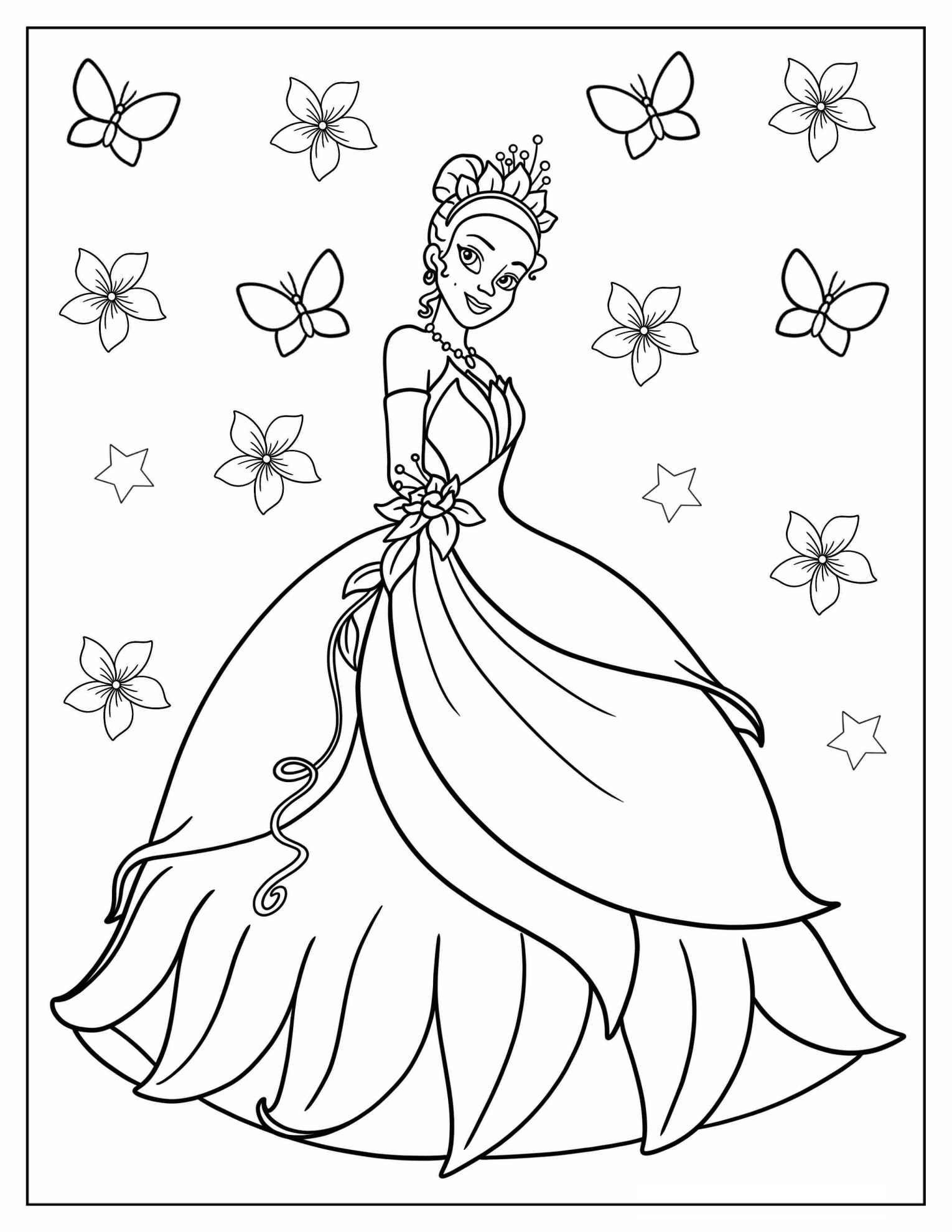 Princess Tiana In Ball Gown Coloring In For Kids