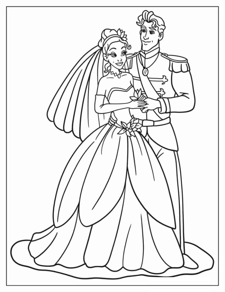 Easy Coloring Sheet Of Tiana And Naveen Wedding