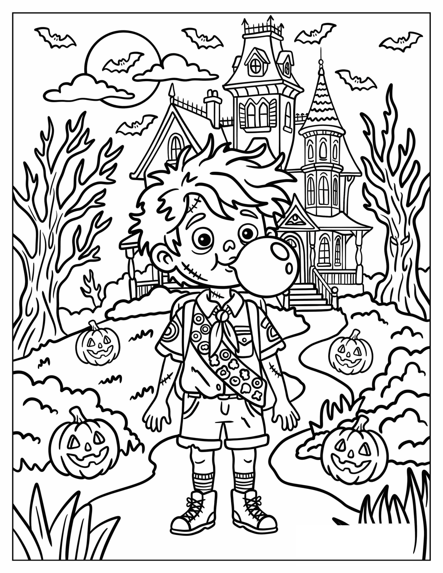 Boys Scout Zombie Blowing a Bubble Gum Coloring Page