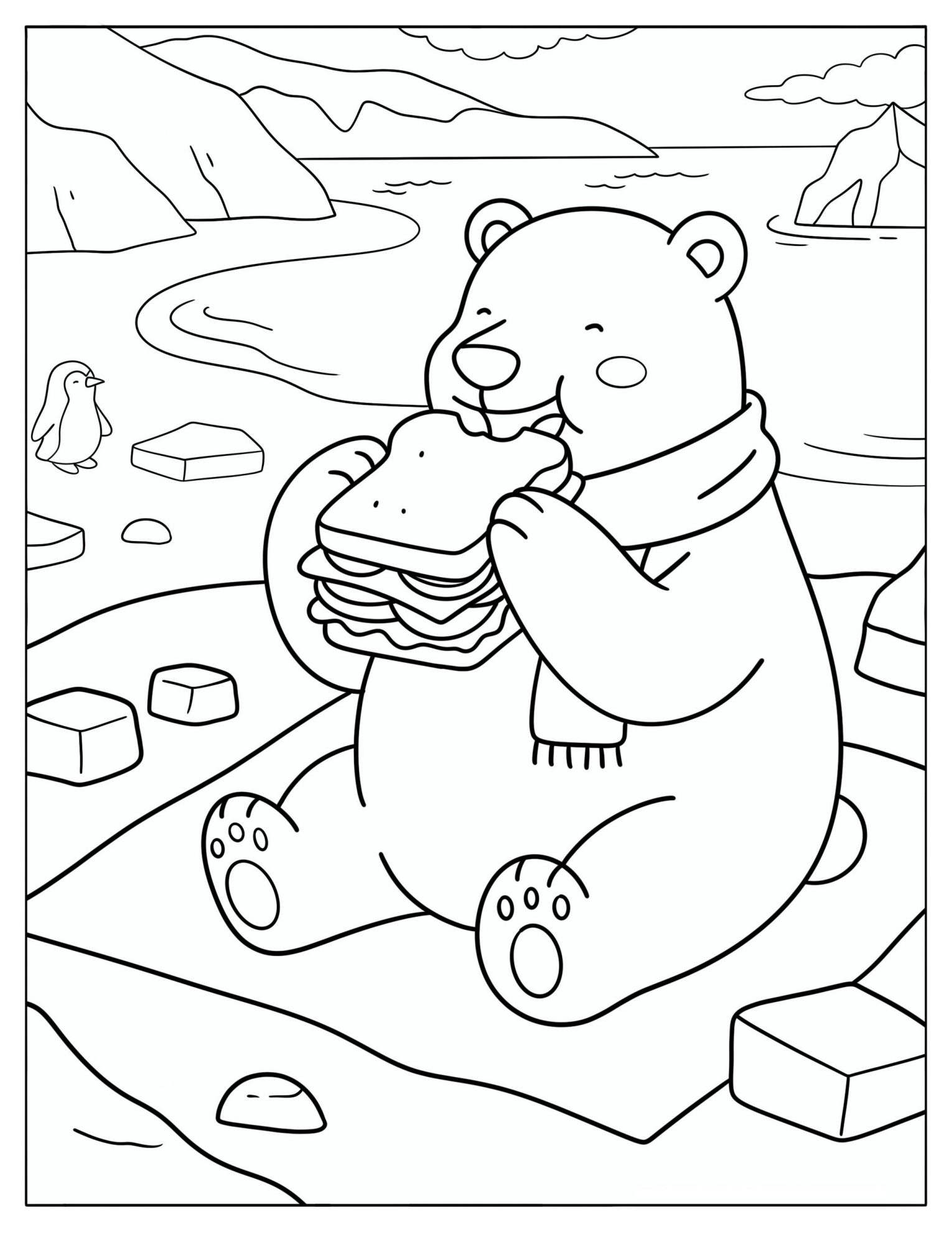 Hungry Polar Bear Eating a Huge Sandwich Coloring Sheet