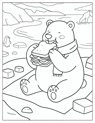 Hungry Polar Bear Eating a Huge Sandwich Coloring Sheet