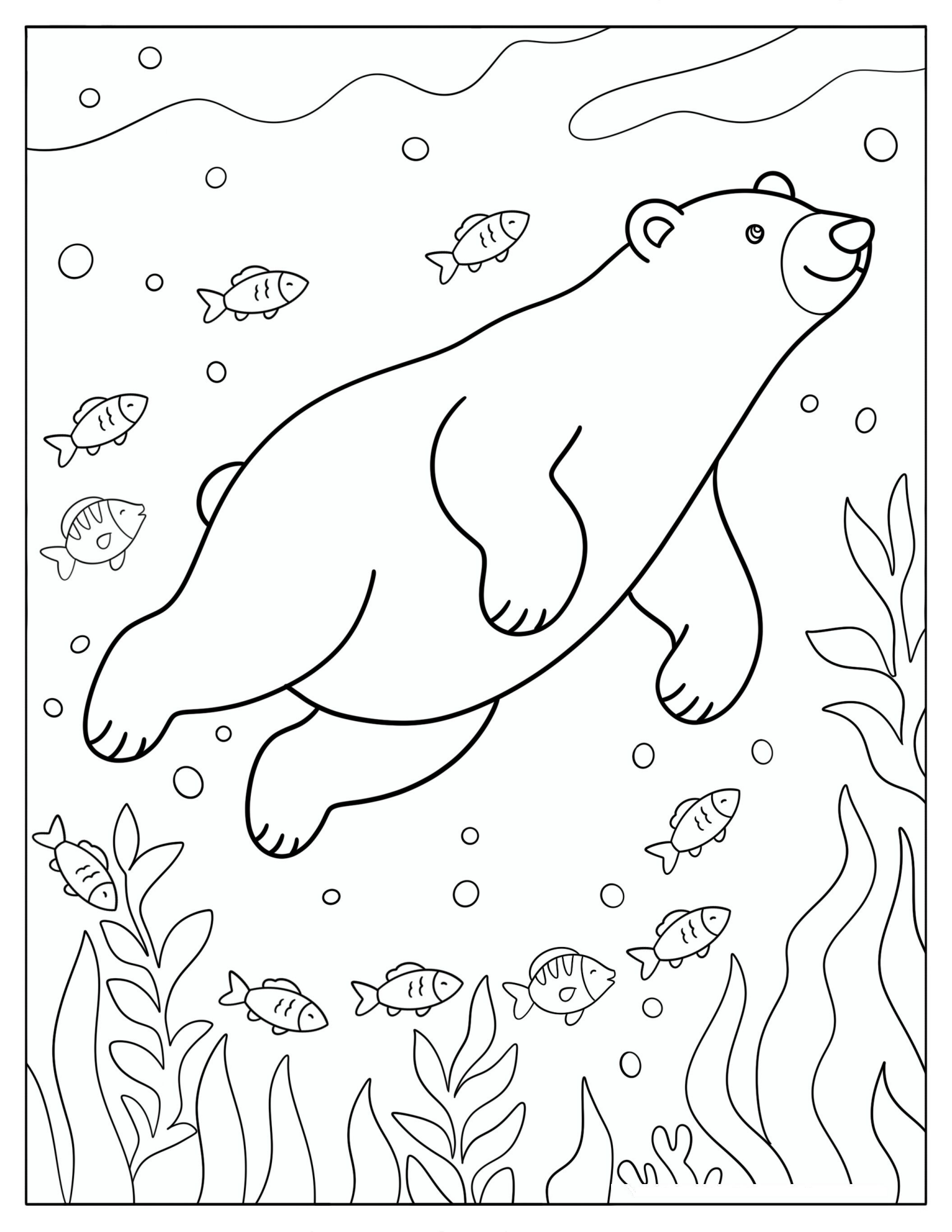 Easy Polar Bear Swimming with Fishes Coloring Page for Kids