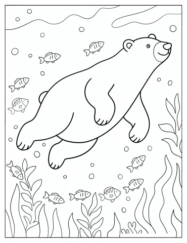 Easy Polar Bear Swimming with Fishes Coloring Page for Kids