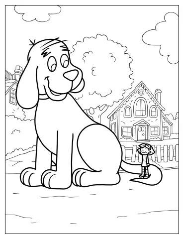 Coloring Sheet Of Clifford With Lizzy In Front Of House
