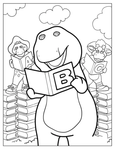 Coloring Page Of Barney, Baby Bop, And BJ Reading