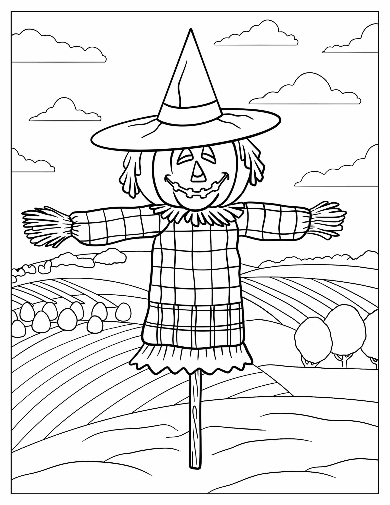 Pumpkin Head Scarecrow On A Vast Field Coloring Sheet