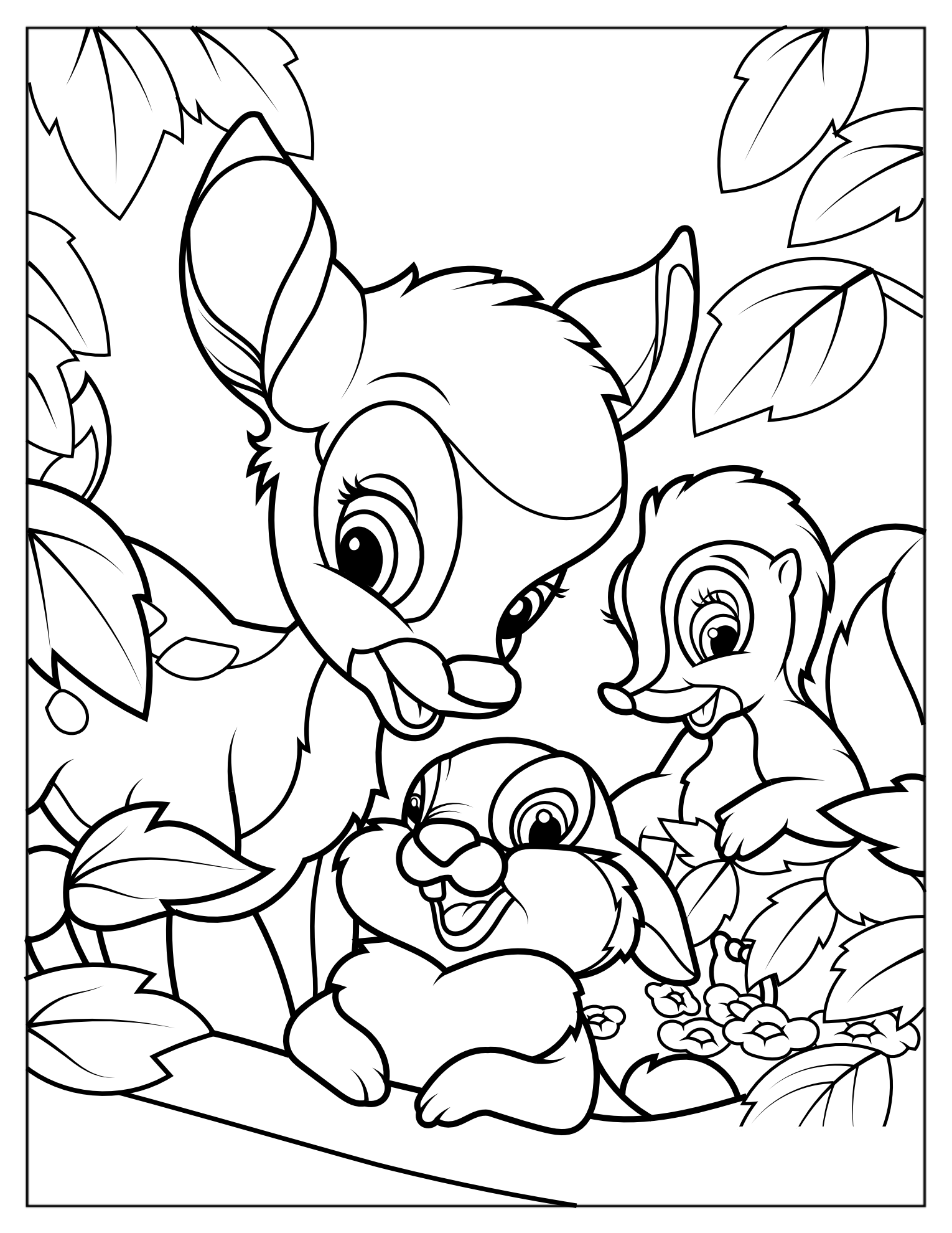 Smiling Bambi, Blossom, And Flower Coloring In For Kids v2