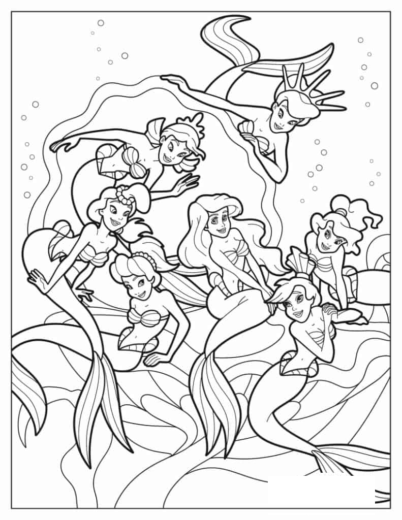 Coloring Page Of Ariel With Her Six Sisters