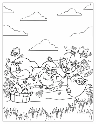 Angry Birds Charging Towards Pigs Coloring Page