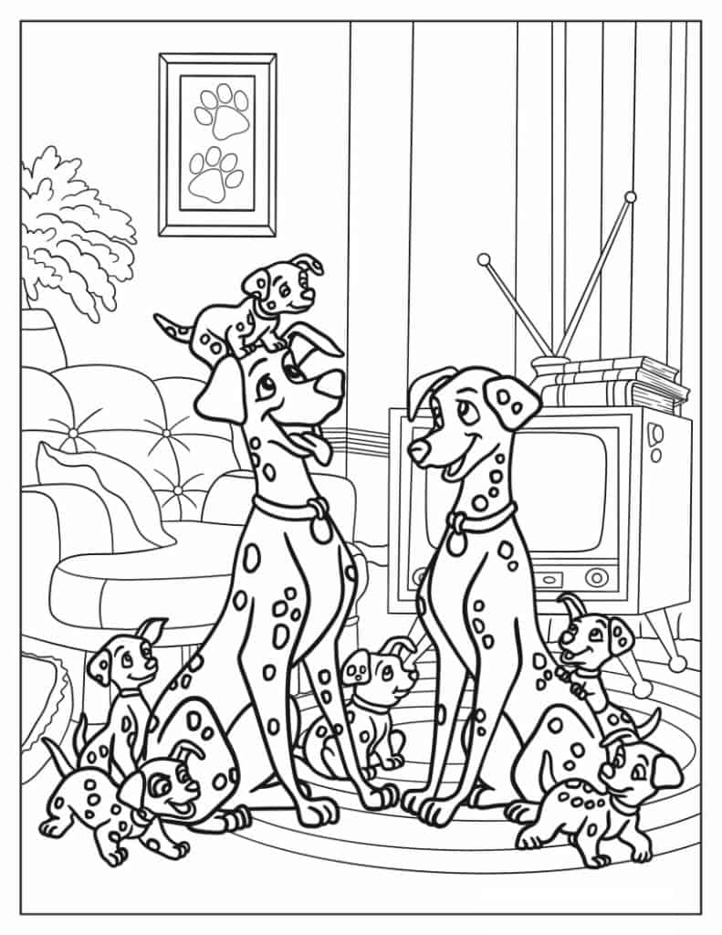 Easy Pongo And Perdita With Puppies Coloring In For Kids