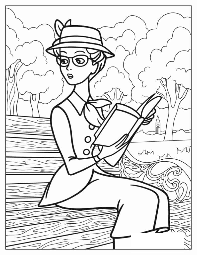 Anita Radcliffe Reading In Park Coloring In