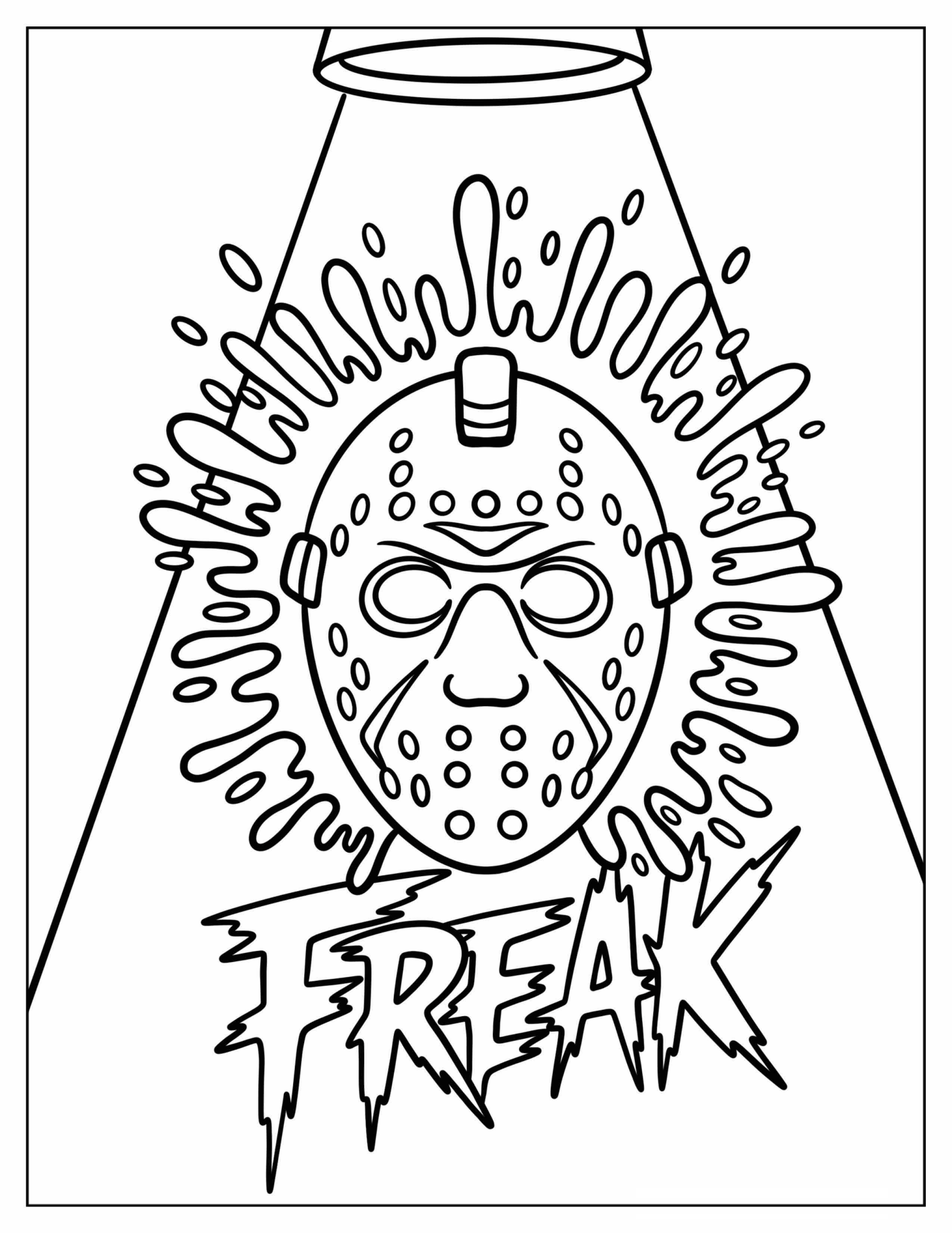 Sinister Hockey Mask with Freak Splash Lettering Horror Coloring Sheet