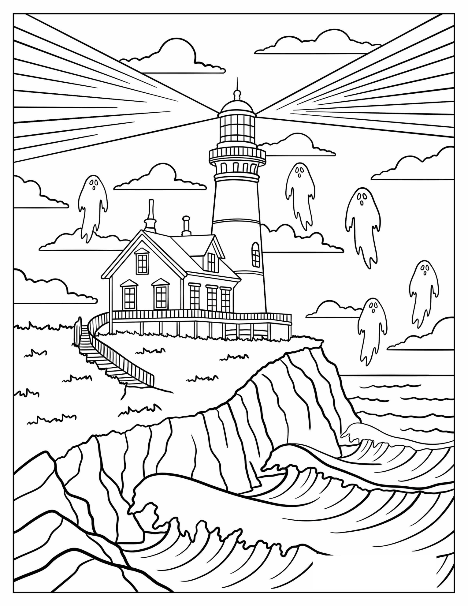 Haunted Lighthouse on the Cliff with Ghosts Coloring Page for Kids