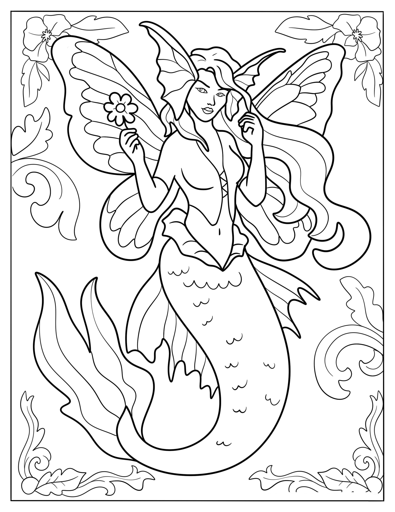 Fairy Mermaid with Butterfly Wings Holding a Flower Coloring Page