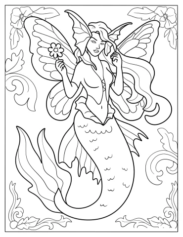 Fairy Mermaid with Butterfly Wings Holding a Flower Coloring Page