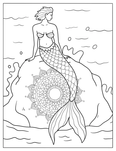 Mermaid Perched on a Massive Rock with Mandala Design