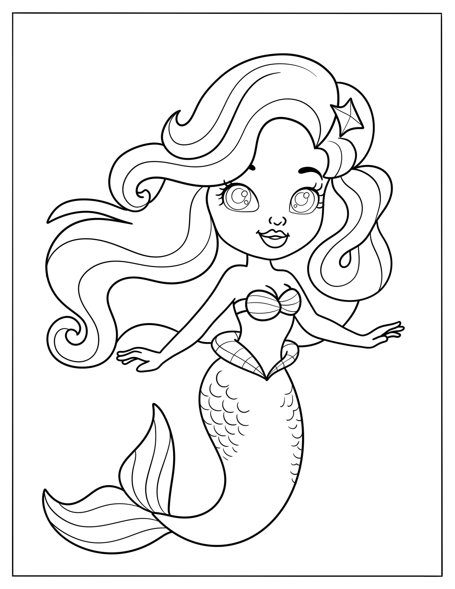 Chibi Mermaid with Big Eyes and Flowing Hair Coloring Page for Preschoolers