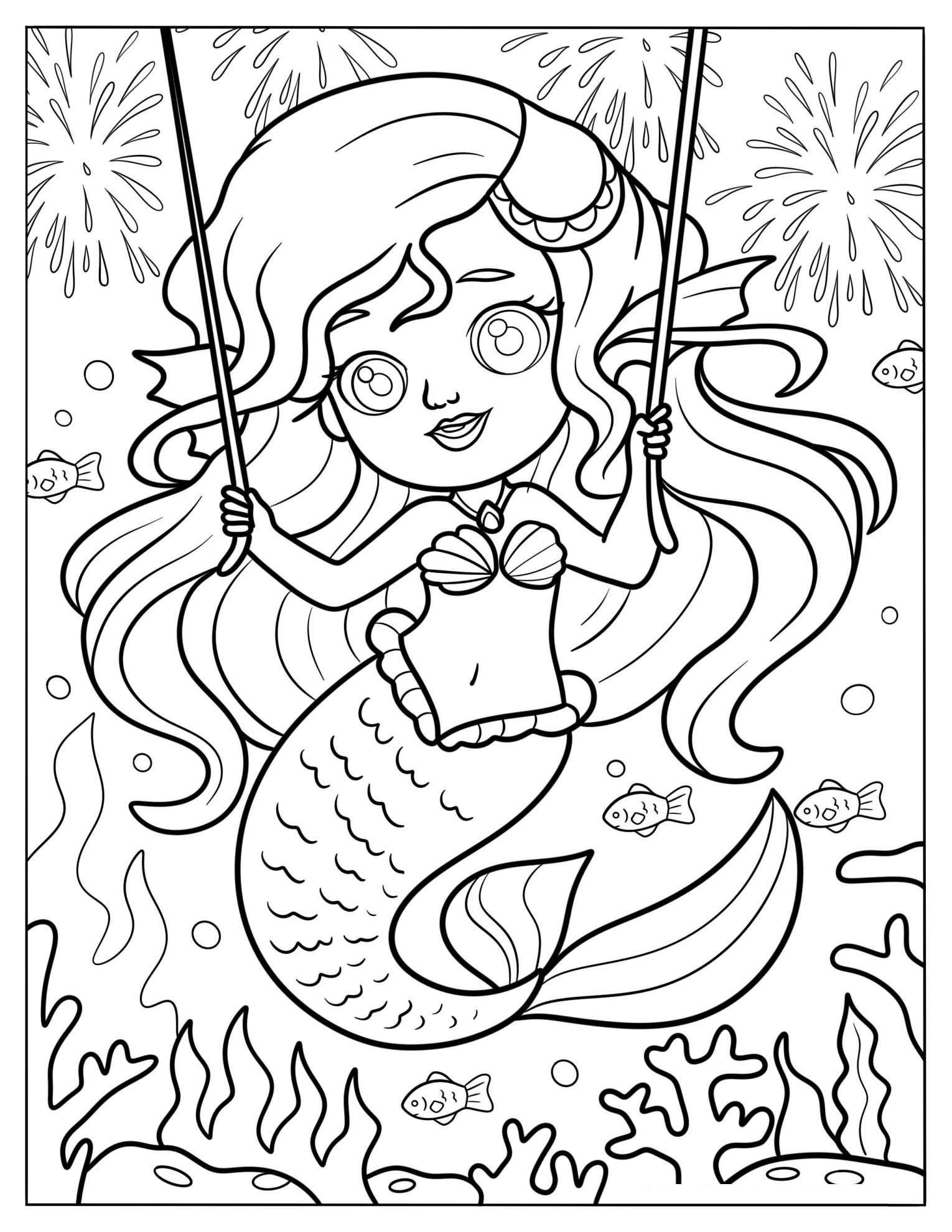 Young Mermaid with Fireworks in the Sea Coloring Page