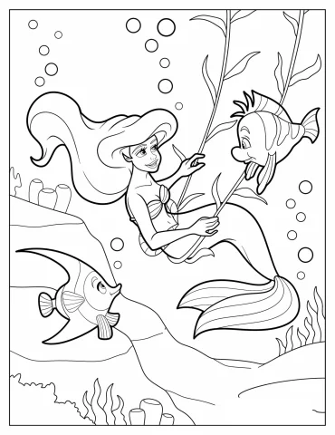 Coloring Sheet Of Ariel And Flounders Under The Sea
