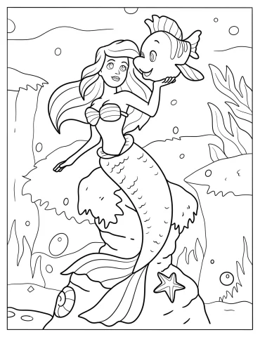 Mermaid Ariel Playing with Flounders Coloring Page