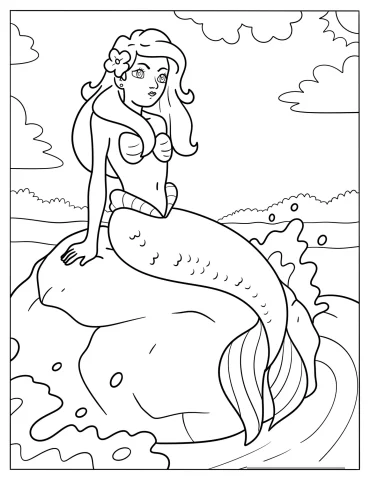 Mermaid with Flower in Her Hair Sunbathing on a Rock