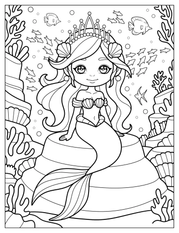Princess Mermaid with Pearl Crown Sitting on a Coral Coloring Page for Kids