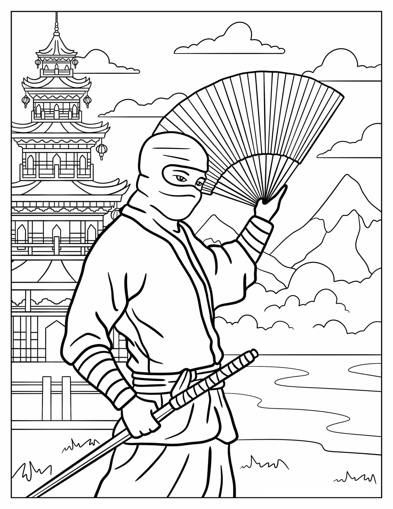 Ninja Holding A Sword And A Fan Coloring Page