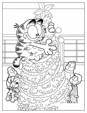 Garfield Hugging A Christmas Tree Coloring In