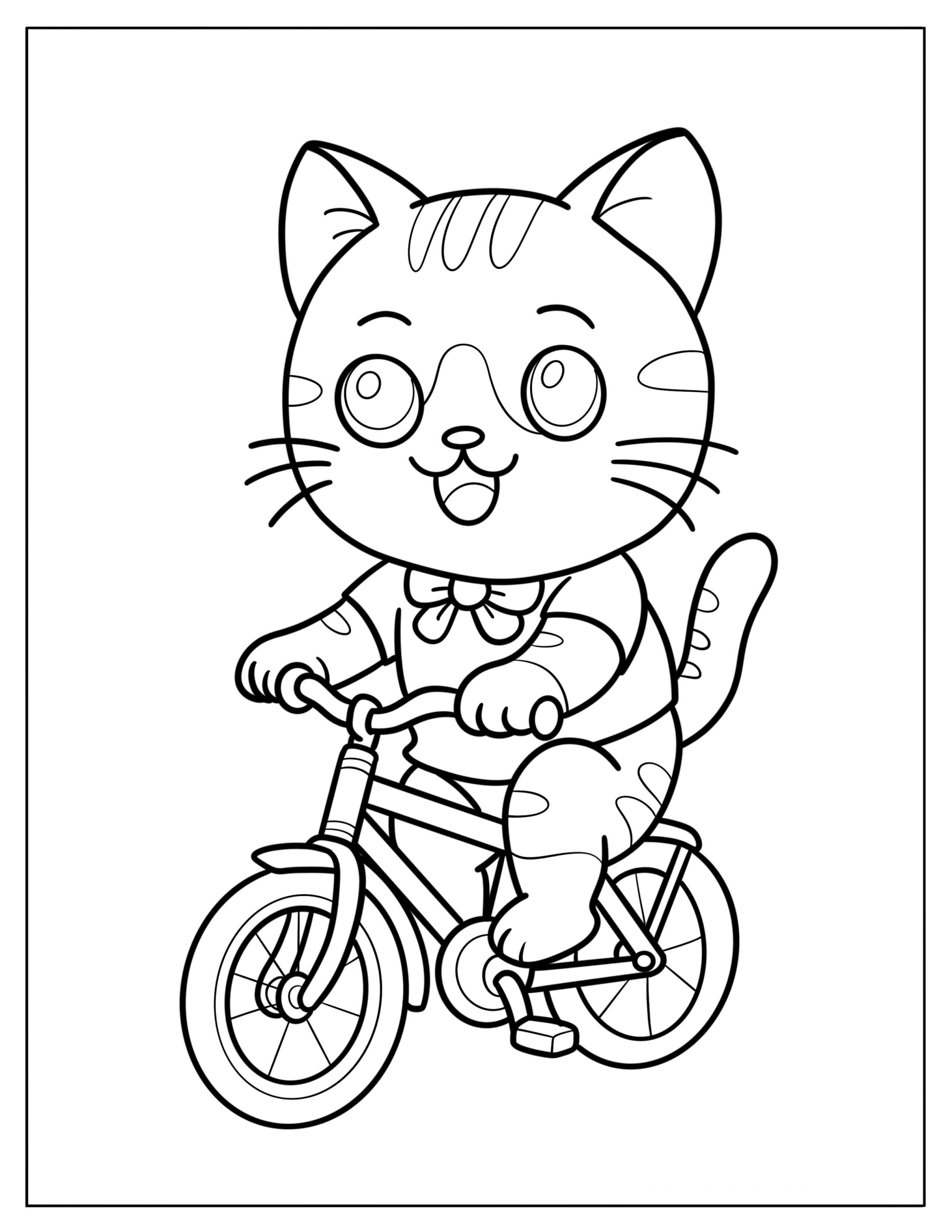 Cat with Shirt and Bowtie Riding a Bicycle Coloring Sheet