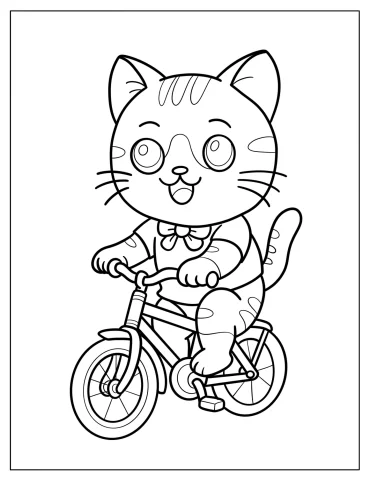 Cat with Shirt and Bowtie Riding a Bicycle Coloring Sheet