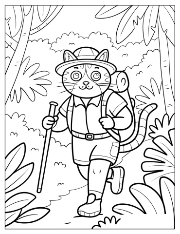 Cat in Hiking Uniform and Backpack Inside the Jungle Coloring Page