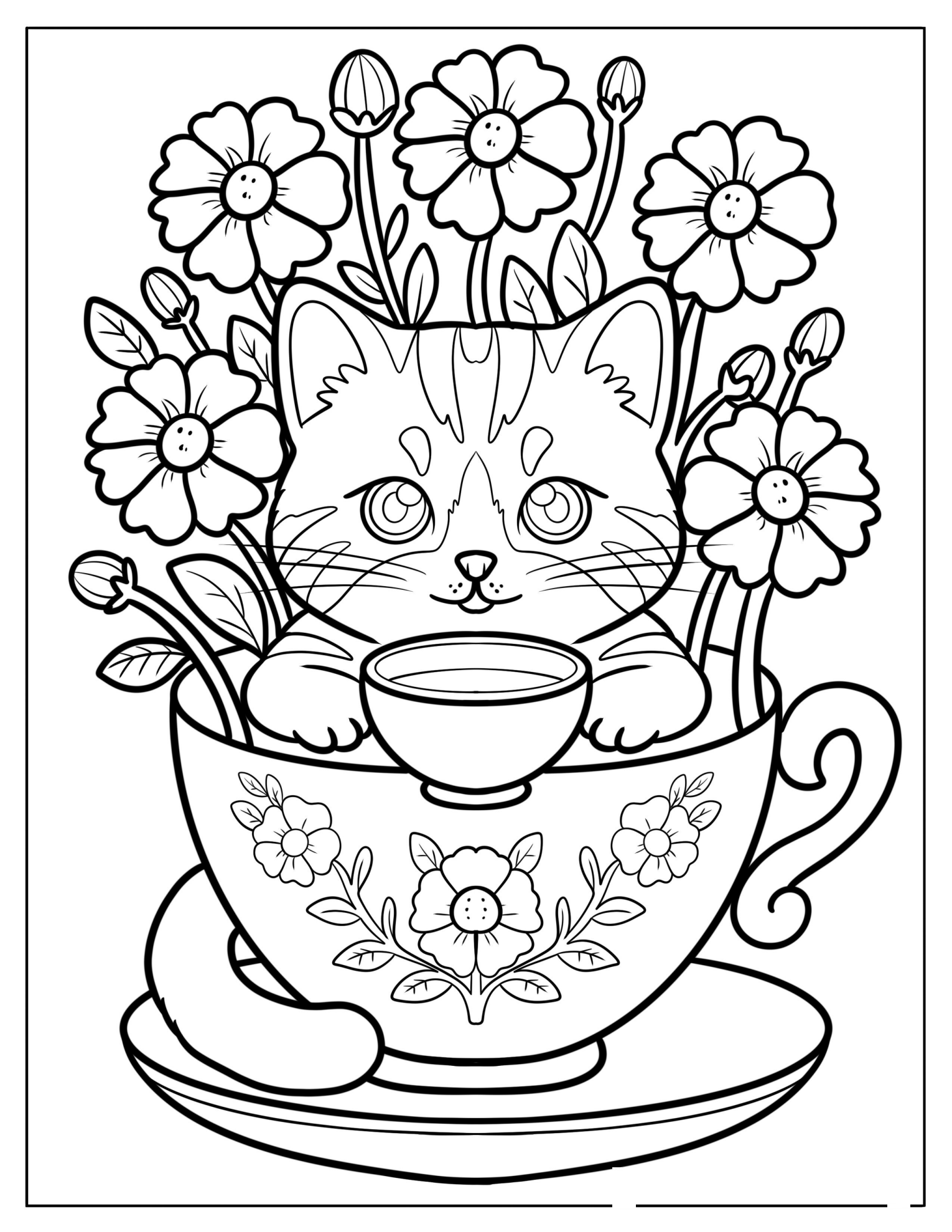 Tiny Cat Inside a Teacup Full of Flowers Coloring Page