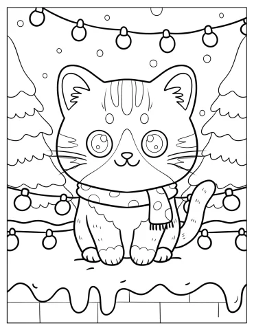 Kawaii Cat in Scarf Sitting Under Fairy Lights in Winter
