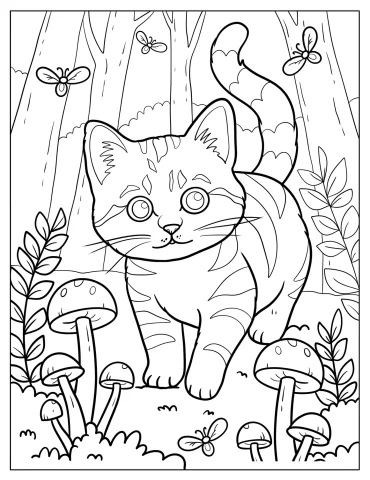 Curious Cat Sniffing Mushrooms in the Forest Coloring Page