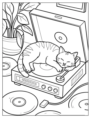 Sleepy Cat Lying on a Vintage Record Player Coloring Sheet