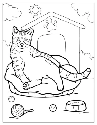 Cat Lying On Bed Coloring Sheet