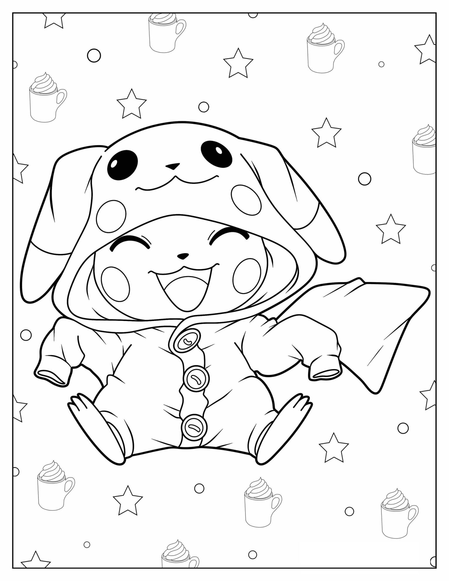 Cute Pikachu Wearing Raincoat Coloring In